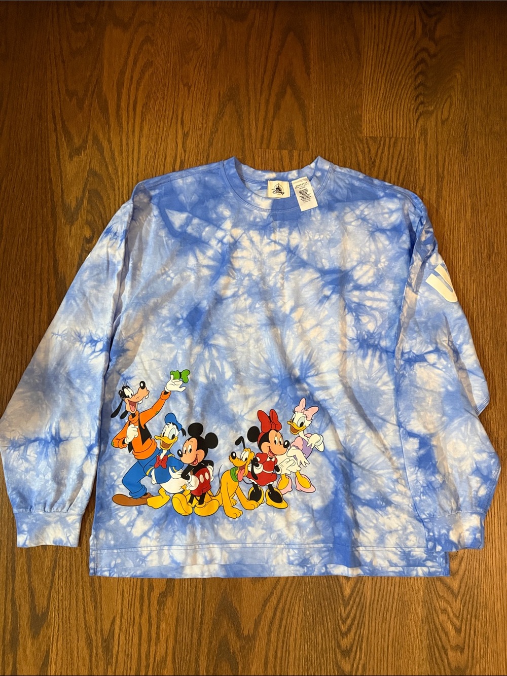 Disney Light Blue & White Tie-Dye Crewneck with Mickey & Friends